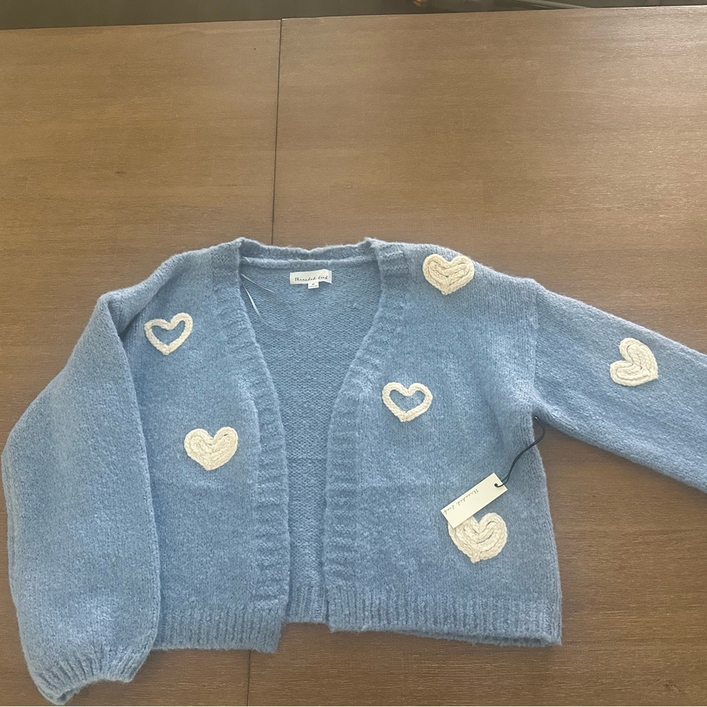 NWT Threaded Leaf Light Blue Cardigan Heart Sweater Size Medium